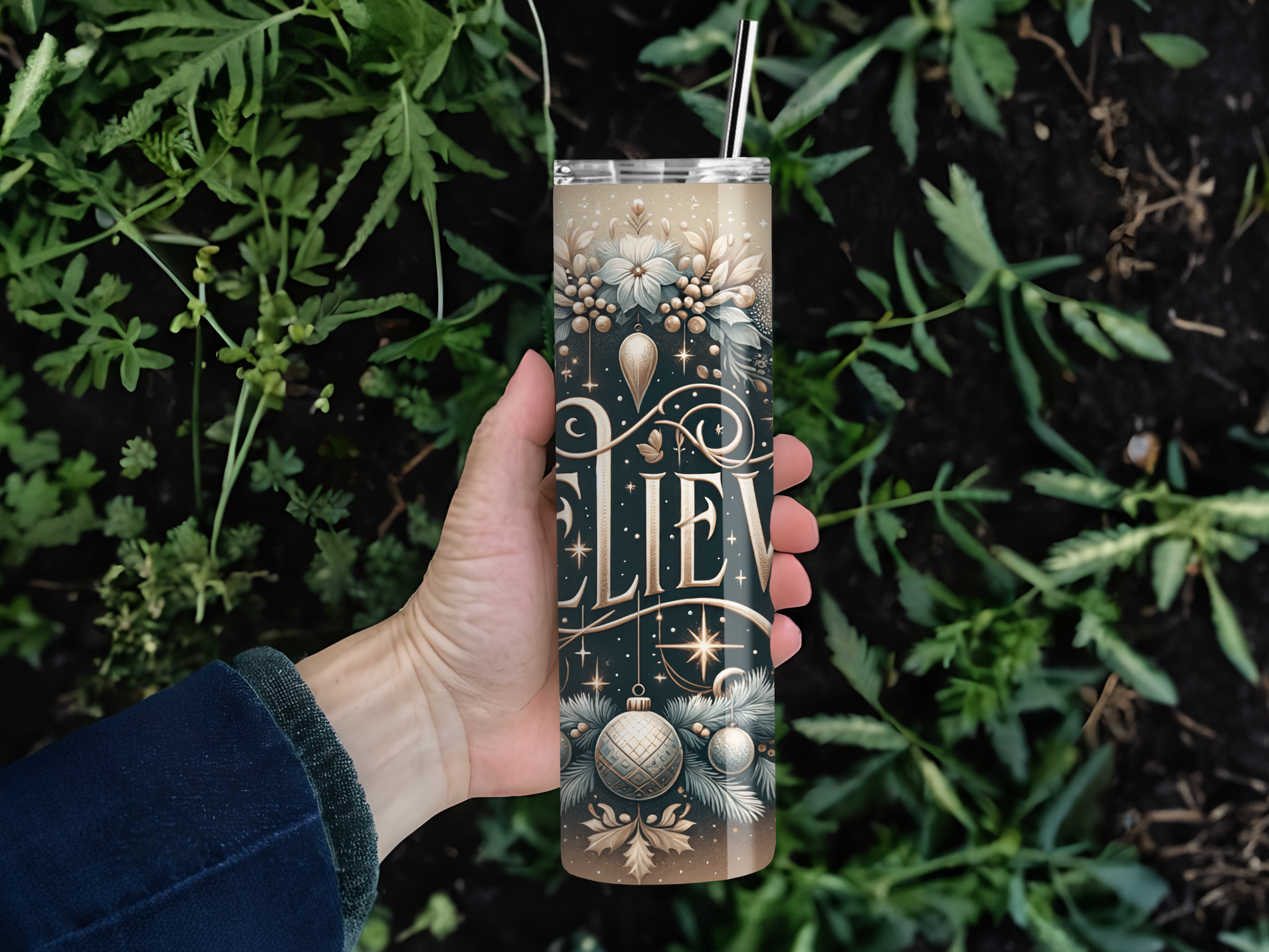 Personalized 20 oz Stainless Steel Tumbler with Metal Straw and Believe Christmas Design #321