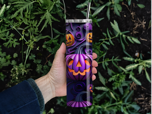 Personalized 20 oz Stainless Steel Tumbler with Metal Straw and Pumpkin Purple Delight Design #332