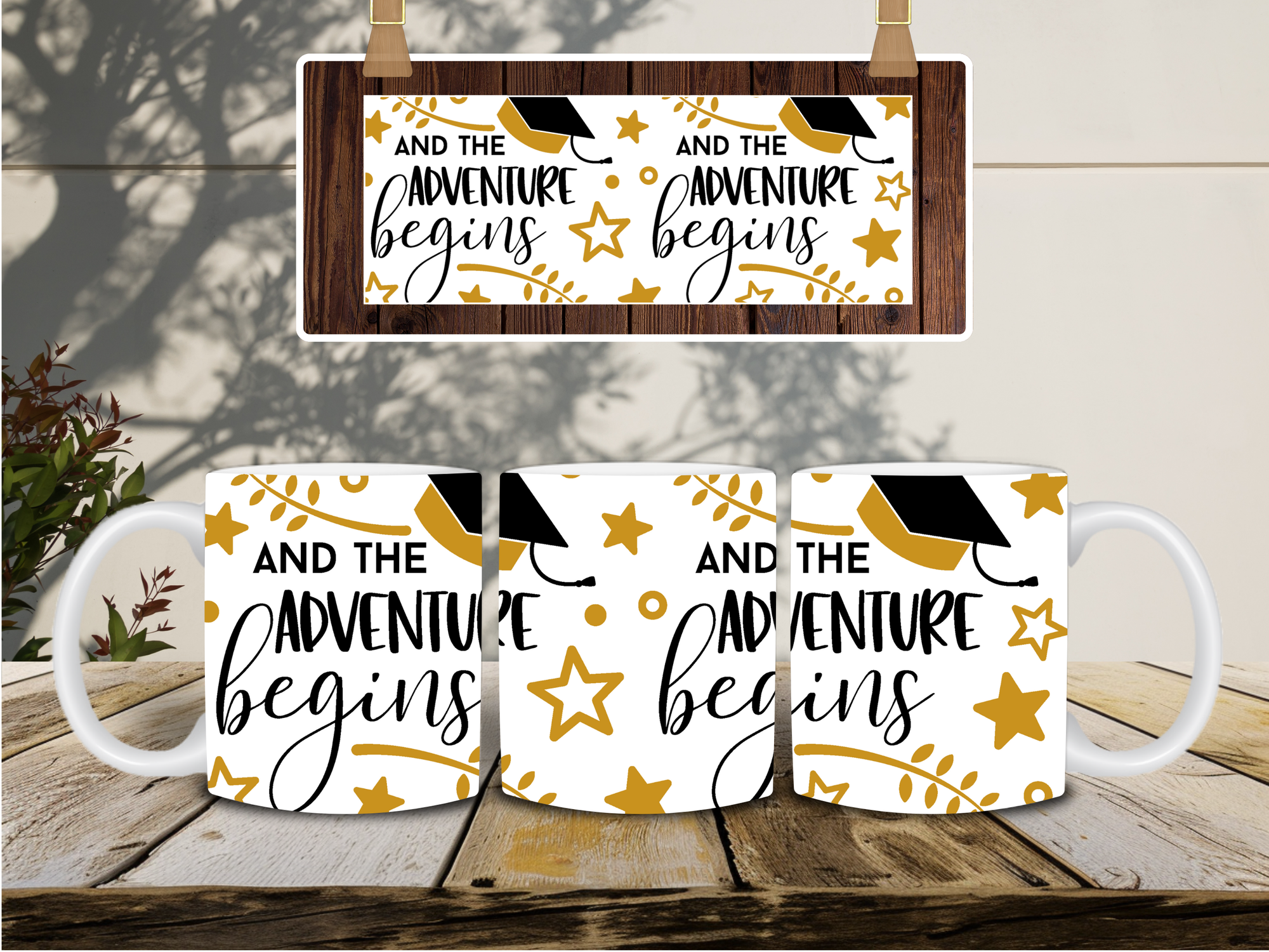 Personalized Ceramic Mug and Matching Coaster Set/11 oz or 15 oz Coffee Mug/And The Adventure Begins #124