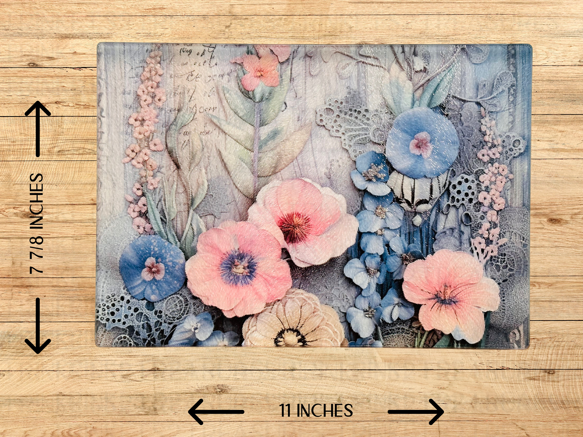 Personalized 8" x 11" Textured & Tempered Glass Cutting Board/Blue & Pink Paper Flowers/#607