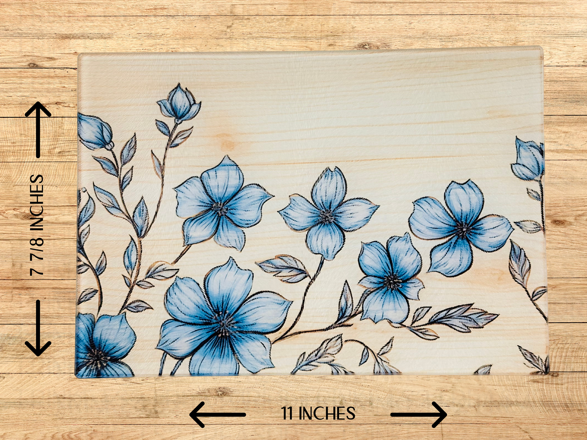 Personalized 8" x 11" Textured & Tempered Glass Cutting Board/Blue Flowers/#600