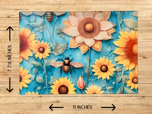 Personalized 8" x 11" Textured & Tempered Glass Cutting Board/Bees & Wildflowers/#617