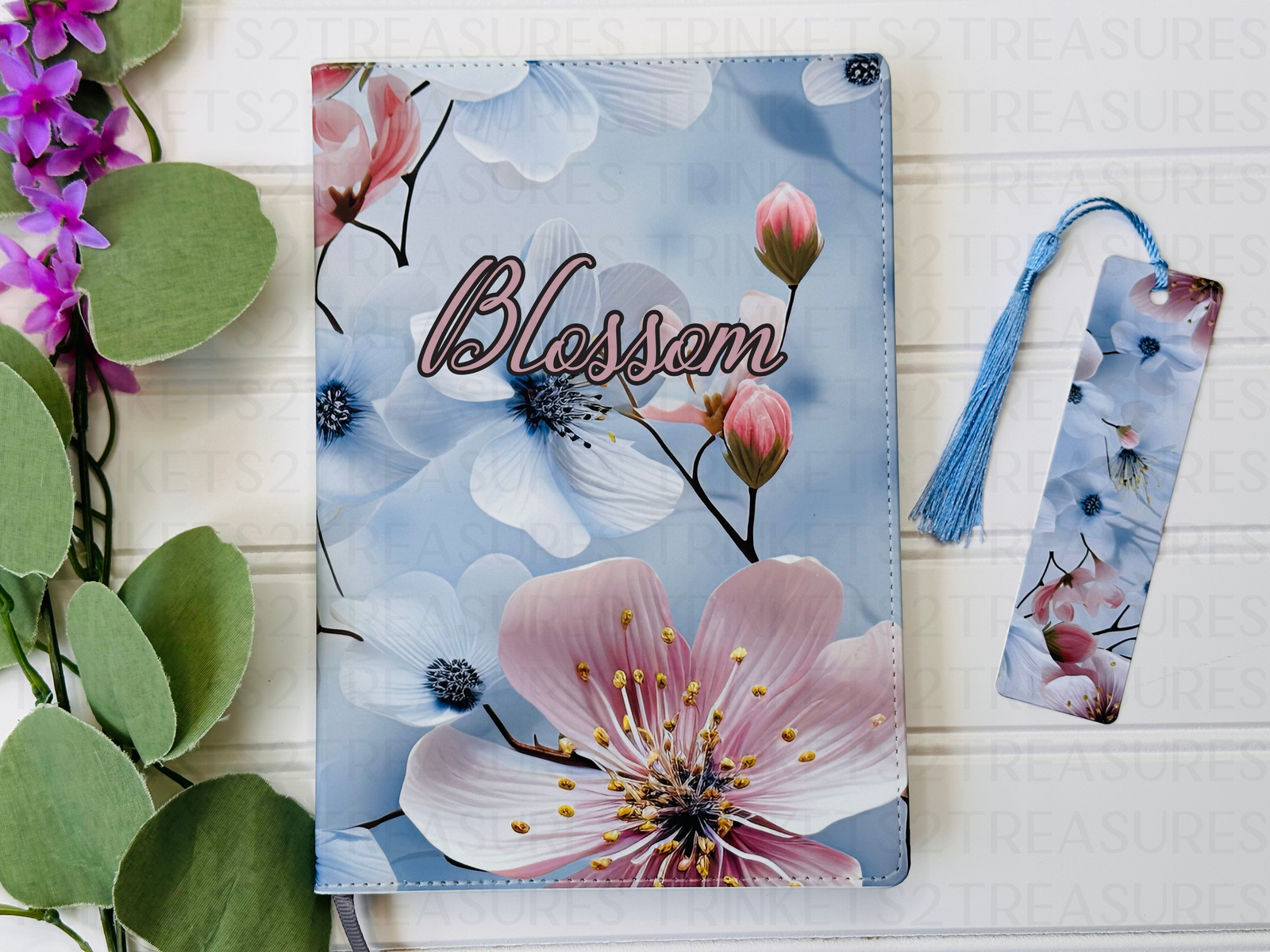 Personalized Journal and Matching Bookmark Pink & Blue Blossoms Keepsake Journal #804