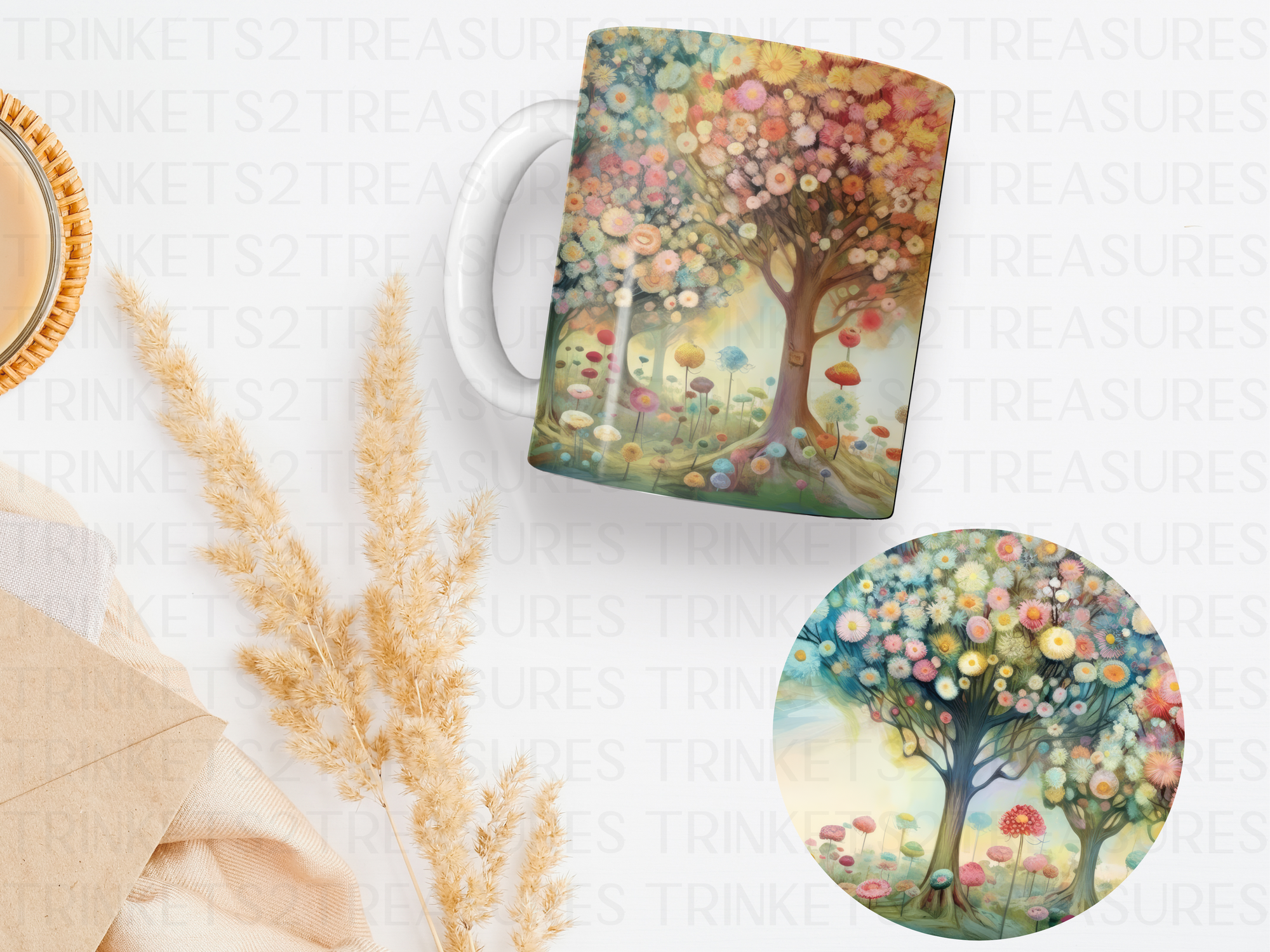 Personalized Ceramic Mug and Matching Coaster Set/11 oz or 15 oz Coffee Mug/Colorful Trees Design #122