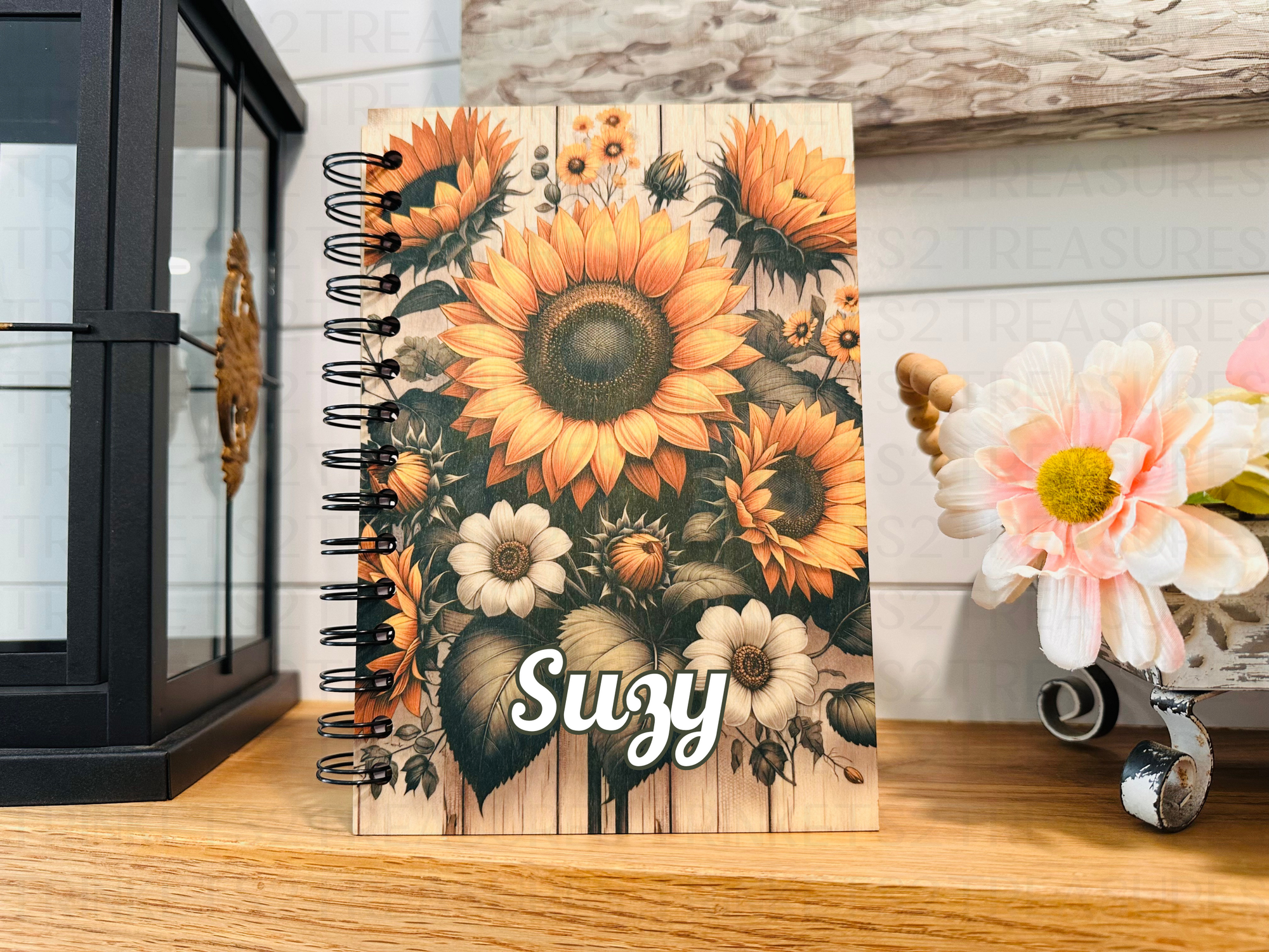 Personalized Country Sunflower Wood Cover Notebook #1007