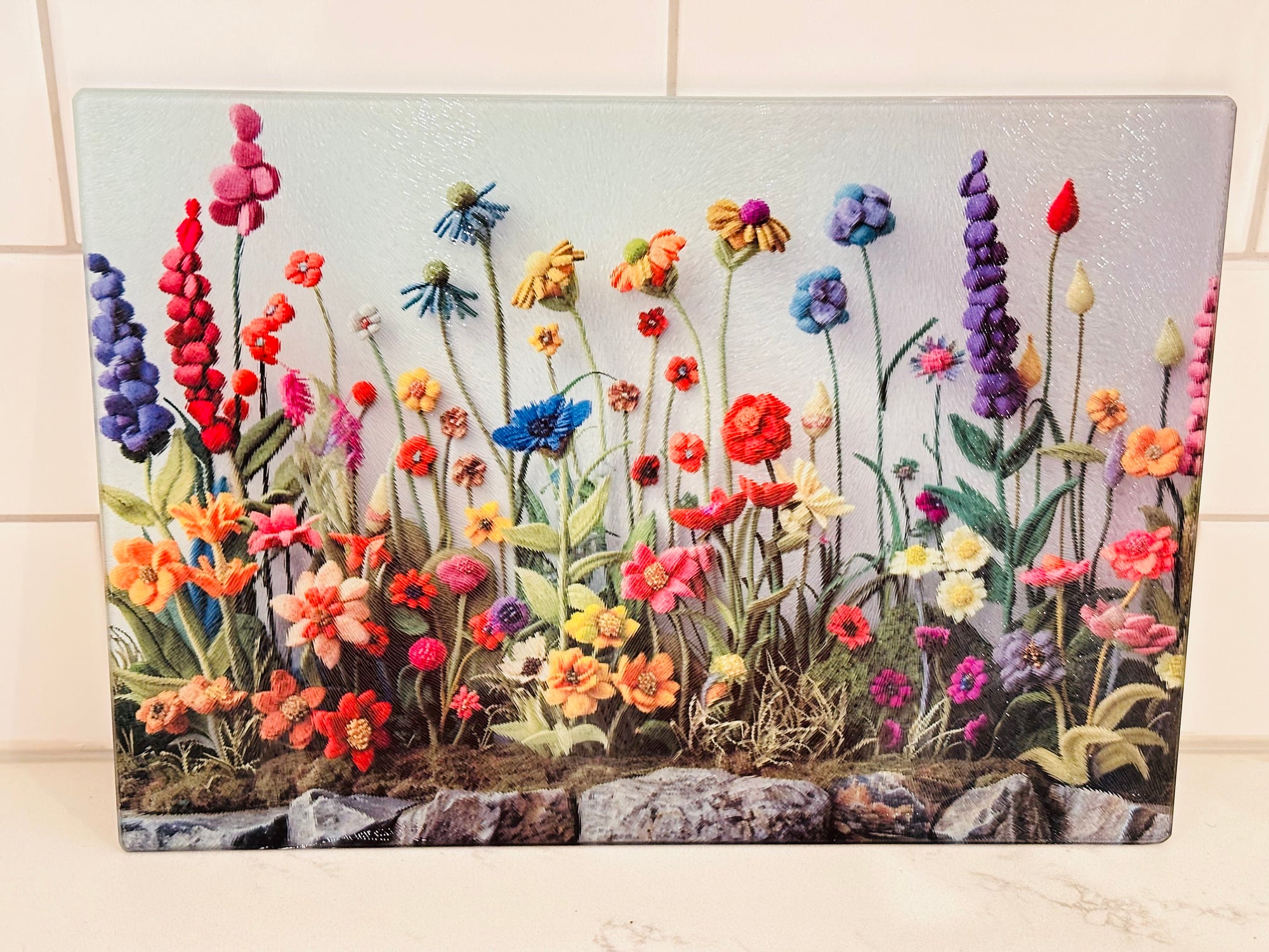 Personalized 8" x 11" Textured & Tempered Glass Cutting Board Wildflowers #620