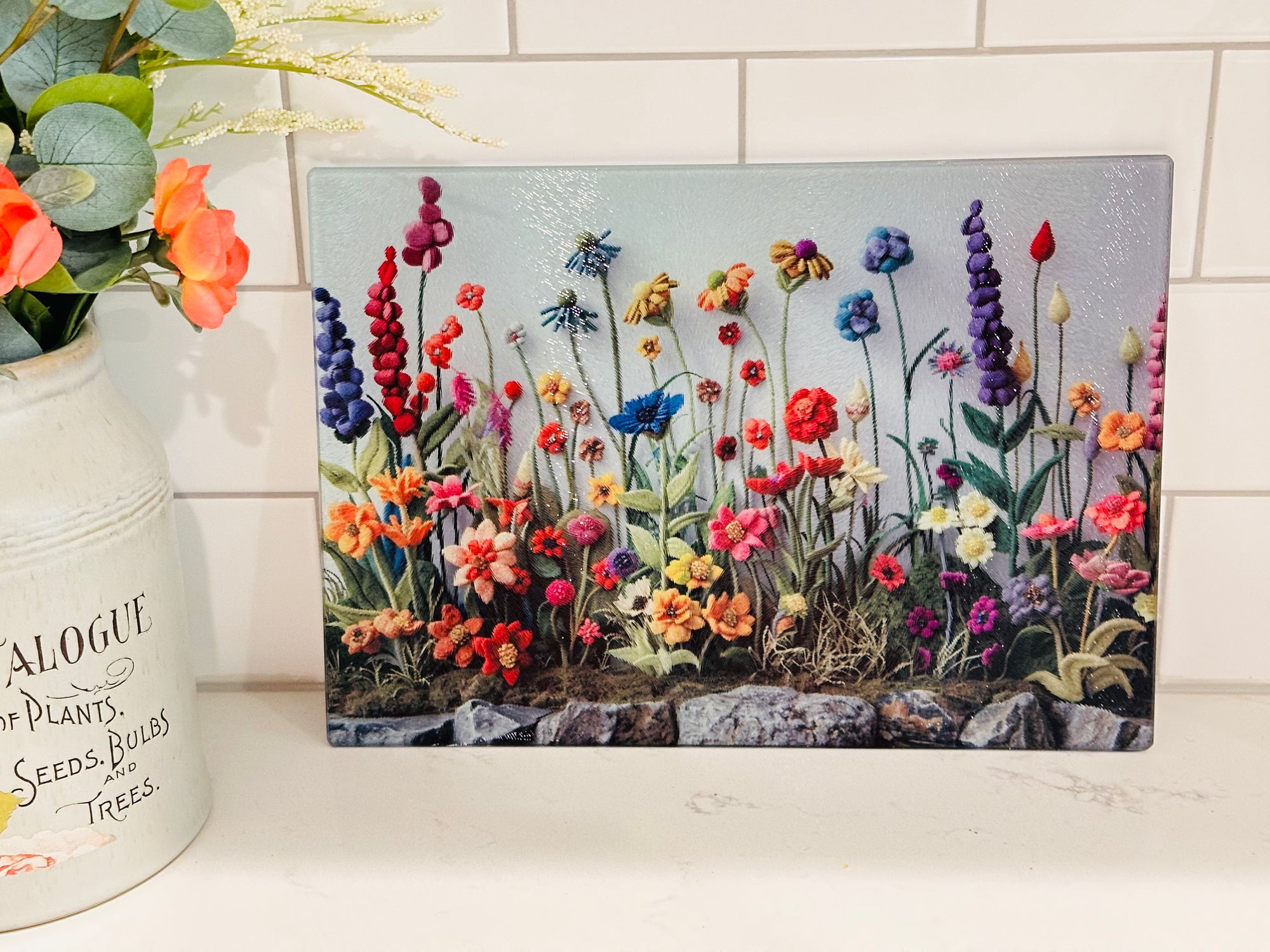 Personalized 8" x 11" Textured & Tempered Glass Cutting Board Wildflowers #620