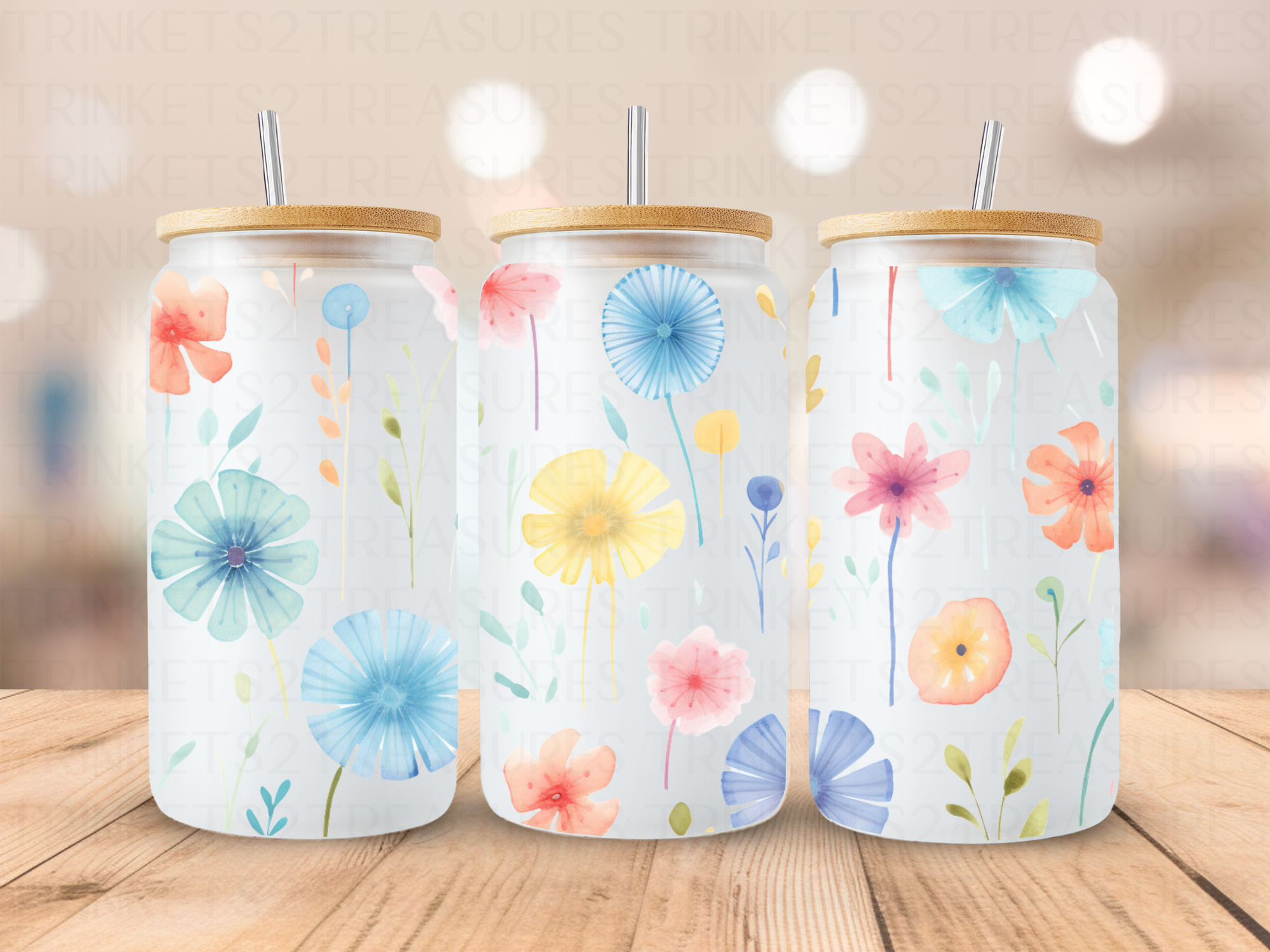 18oz PersonalizedFrosted Glass Tumbler with Bamboo Lid & Glass Straw/Watercolor Flowers #218