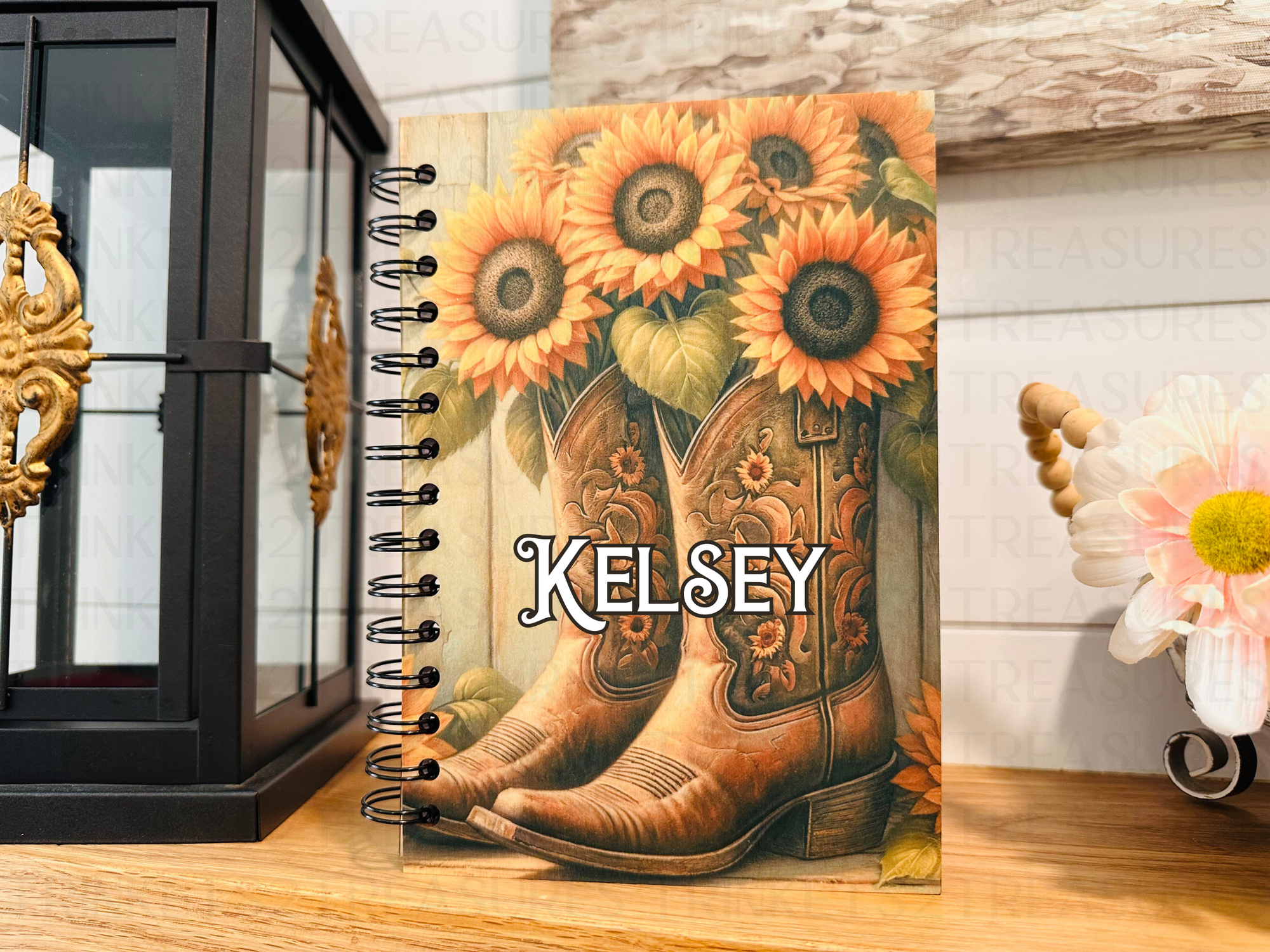 Personalized Sunflower Cowboy Boots Wood Cover Notebook #1008