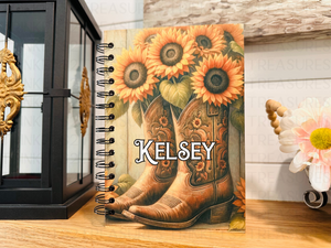 Personalized Sunflower Cowboy Boots Wood Cover Notebook #1008