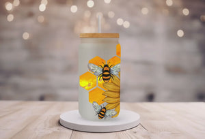 18oz Personalized Frosted Glass Tumbler/Glass Coffee Tumbler with Bamboo Lid & Glass Straw/Bees and Sunflowers/#201