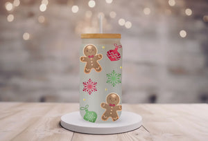 18oz Personalized Frosted Glass Tumbler/Glass Coffee Tumbler with Bamboo Lid & Glass Straw/Ornaments and Gingerbread Men/#214