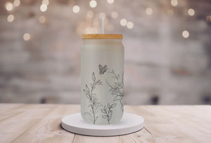 18oz Personalized Frosted Glass Tumbler/Glass Coffee Tumbler with Bamboo Lid & Glass Straw/Simple Wildflowers/ #203