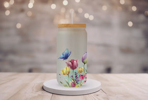 18oz Personalized Frosted Glass Tumbler/Glass Coffee Tumbler with Bamboo Lid & Glass Straw/Wildflower and Butterflies/#215