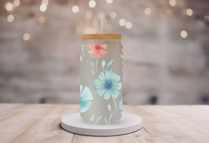 18oz PersonalizedFrosted Glass Tumbler with Bamboo Lid & Glass Straw/Watercolor Flowers #218