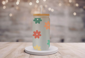 18oz Personalized  Frosted Glass Tumbler with Yellow & Green Daisies #227