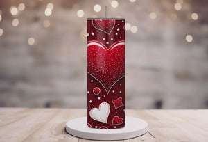 Personalized 20 oz Stainless Steel Tumbler with Metal Straw/Red & White Heart Design/#308