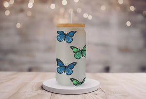 18oz Personalized Frosted Glass Tumbler/Glass Coffee Tumbler with Bamboo Lid & Glass Straw/Blue Green Butterflies#220