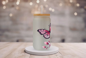 18 oz Personalized Frosted Glass Tumbler/Glass Coffee Tumbler with Bamboo Lid & Glass Straw/Pink Flowers and Butterflies/#211