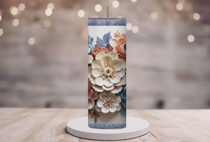 Personalized 20 oz Stainless Steel Tumbler/Includes Metal Straw/3D Blue Paper Flowers Design/#318