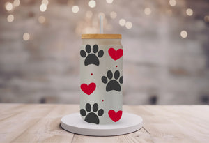 18oz Personalized  Frosted Glass Tumbler with Dog Paws & Hearts #222