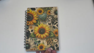 Personalized Sunflowers & Cows Wood Cover Notebook #1003