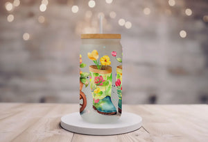 18oz Personalized Frosted Glass Tumbler/Glass Coffee Cup with Bamboo Lid & Glass Straw/Tulips and Gardening  Boots#219
