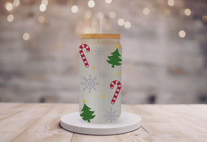 18oz Personalized  Frosted Glass Tumbler with Candy Canes & Christmas #235