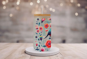 18oz Personalized Frosted Glass Tumbler/Glass Coffee Tumbler with Bamboo Lid & Glass Straw/Orange Blue Birds/#217