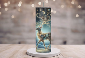 Personalized 20 oz Stainless Steel Tumbler with Metal Straw and Golden Reindeer Design #342