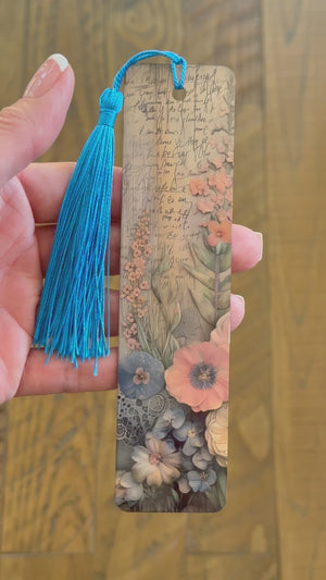 Bookmark and Tassel with Double Sided Sublimation Pink & Blue Paper Flowers #904