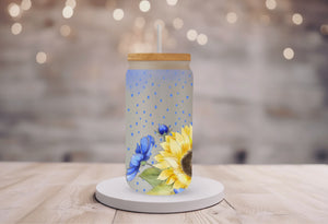 18oz Personalized  Frosted Glass Tumbler with Sunflowers & Blue Flowers #225