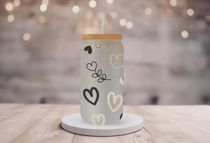 18oz Frosted Glass Tumbler Black and Cream Hearts/Coffee or Tea Lover Gift/Personalization Available/ #210
