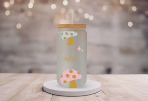 18oz Personalized Frosted Glass Tumbler/Glass Coffee Tumbler with Bamboo Lid & Glass Straw/Pastel Mushrooms/#200