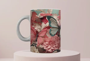 Personalized Ceramic Mug and Matching Coaster Set/11 oz or 15 oz Coffee Mug/3D Pink Flowers & Butterflies Design/#115