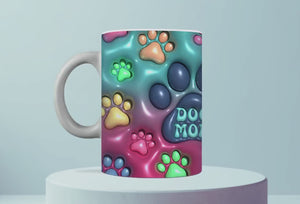 Personalized Ceramic Mug and Matching Coaster Set/11 or 15 oz Coffee Mug/3D Puffed Dog Mom Design with Dog Paws/#102