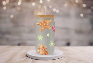18oz Personalized Frosted Glass Tumbler/Glass Coffee Tumbler with Bamboo Lid & Glass Straw/Christmas Cheer/#212