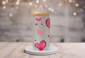 18oz PersonalizedFrosted Glass Tumbler/Glass Coffee Tumbler with Bamboo Lid & Glass Straw/Hearts and Kisses/#221