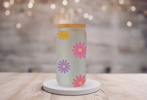 18oz Personalized Frosted Glass Tumblers/Glass Coffee Tumblers with Bamboo Lid & Glass Straw/Colorful Pastel Flowers/#209