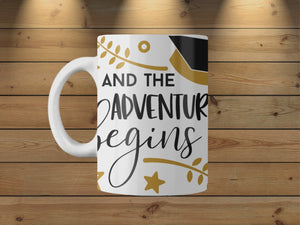 Personalized Ceramic Mug and Matching Coaster Set/11 oz or 15 oz Coffee Mug/And The Adventure Begins #124