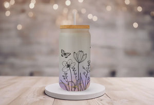 18oz Personalized Frosted Glass Tumbler/Glass Coffee Tumbler with Bamboo Lid & Glass Straw/Purple Hue Wildflower Field and Butterflies/#204