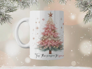 Personalized Ceramic Mug and Matching Coaster Set/11 oz or 15 oz Coffee Mug/Pink Christmas Tree #144