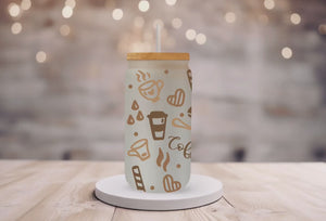 18oz Personalized Frosted Glass Tumbler/Glass Coffee Cup with Bamboo Lid & Glass Straw/Coffee Theme/#205
