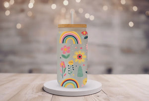 18oz Personalized Frosted Glass Tumbler/Glass Coffee Tumbler with Bamboo Lid & Glass Straw/Flowers and Rainbows/#202