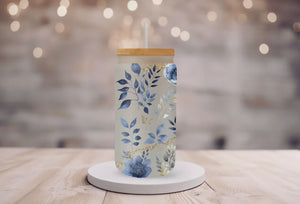 18oz Personalized Frosted Glass Tumbler/Glass Coffee Can with Bamboo Lid & Glass Straw/Blue and Gold Flowers/#207