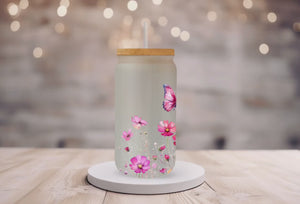 18oz Personalized Frosted Glass Tumbler/Glass Coffee Tumbler with Bamboo Lid & Glass Straw/Pink Wildflowers/#208