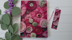 Personalized Journal and Matching Bookmark Pink Cushion Buttons Keepsake Journal #807