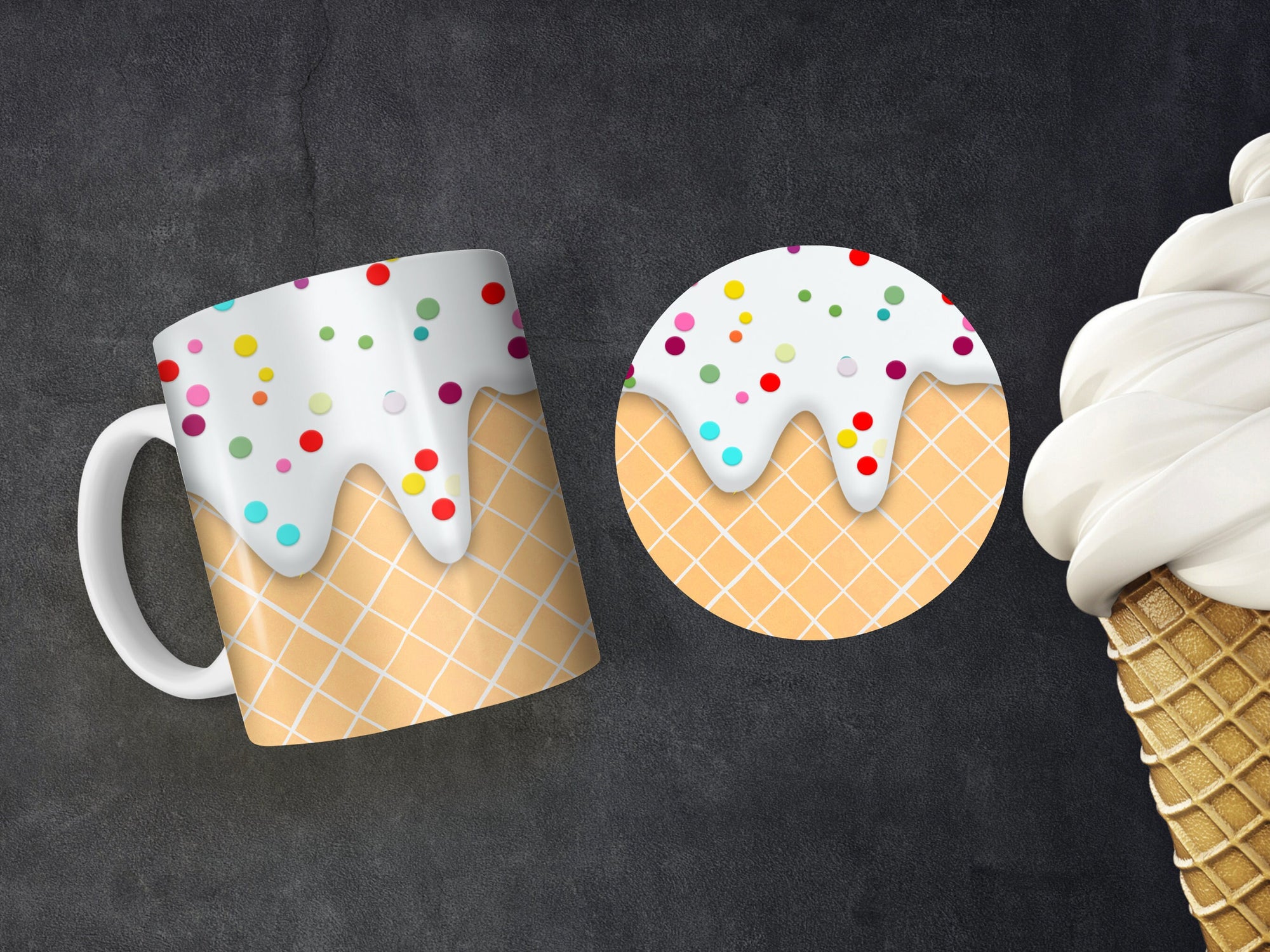 11 oz Ceramic Mug and Matching Coaster Set &quot;Ice cream Cone&quot; #101