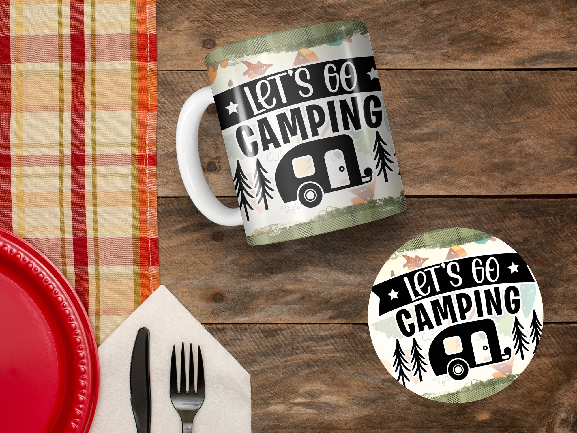 11 oz Ceramic Mug and Matching Coaster Set &quot;Let&#39;s Go Camping&quot; #104