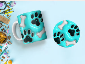 11 oz Ceramic Mug and Matching Coaster Set &quot;Puffed Paw Prints & Bones&quot; #110